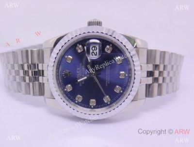 Rolex Datejust  Replica Silver Steel Blue Face Diamond Hour Markers Mens Watch